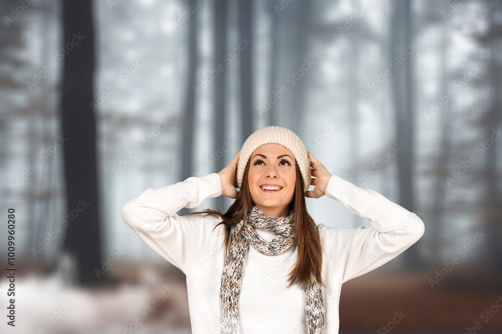 Foggy cold weather in autumn. Young Woman in forest Foggy cold weather in autumn. Young Woman in forest