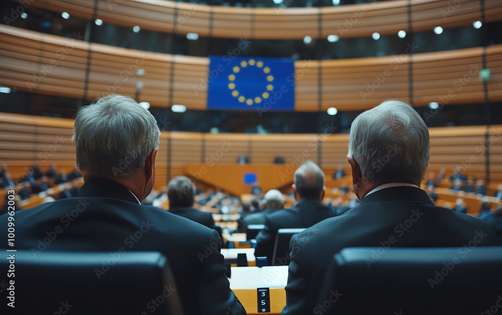 View of formal, unidentifiable politicians in the EU Parliament, with the European Union flag in the background, illustrating the concept of EU politics View of formal, unidentifiable politicians in the EU Parliament, with the European Union flag in the background, illustrating the concept of EU politics
