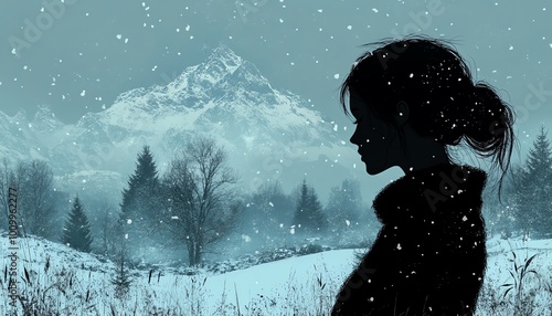 Winter season depression theme with a silhouette of a sorrowful woman viewing a snowcovered mountain landscape photo