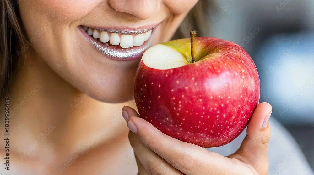 A person bites into an apple while holding a toothbrush A person bites into an apple while holding a toothbrush