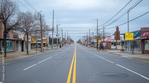 A deserted street scene with shops and power lines under a cloudy sky.