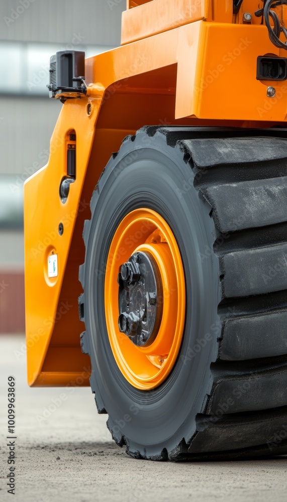 Close-Up. Heavy Duty Equipment Tire. Transportation, Construction, Industrial, Machinery Concept.