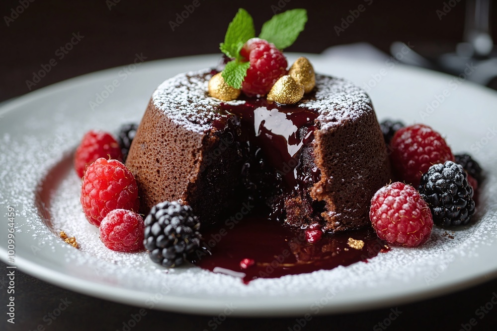 Decadent Chocolate Lava Cake with Fresh Berries and Gold Leaf Garnish Decadent Chocolate Lava Cake with Fresh Berries and Gold Leaf Garnish