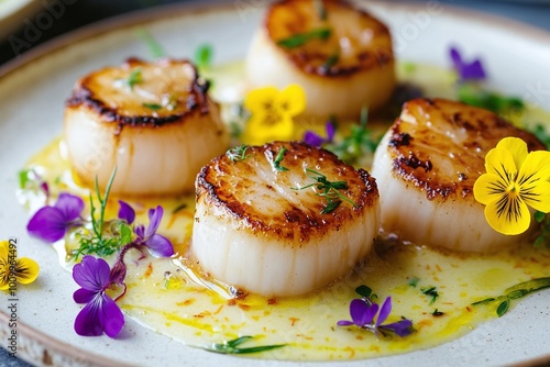 legant Scallop Dish with Saffron Cream and Edible Flowers photo