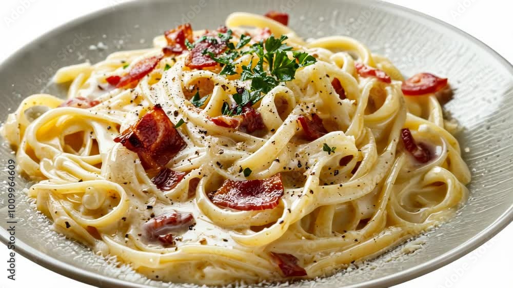 A delicious plate of creamy pasta with crispy bacon and parsley garnish. A delicious plate of creamy pasta with crispy bacon and parsley garnish.