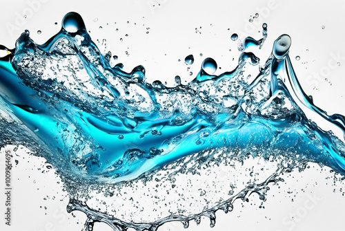 Water splash with air bubbles and a white background.