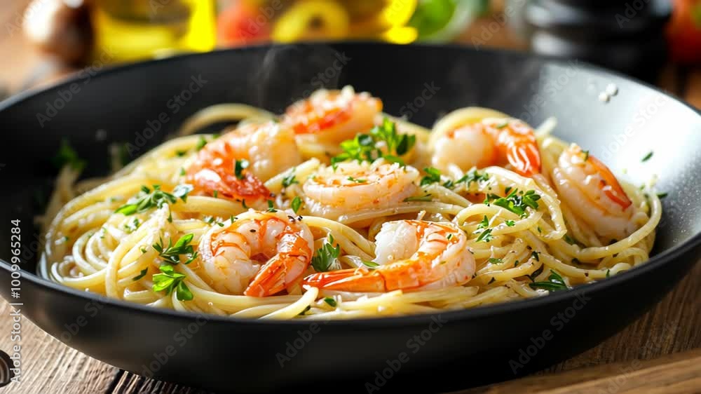 A delicious plate of shrimp pasta garnished with herbs, showcasing a culinary delight. A delicious plate of shrimp pasta garnished with herbs, showcasing a culinary delight.