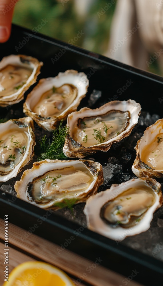 Freshly Opened Oysters Garnished with Herbs, Served on Ice. Gourmet Seafood Delicacy. Freshly Opened Oysters Garnished with Herbs, Served on Ice. Gourmet Seafood Delicacy.