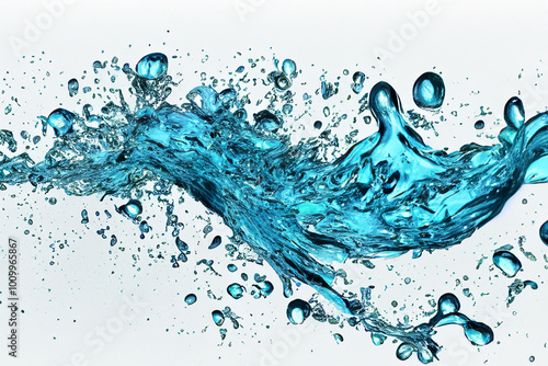 Abstract blue water splash with bubbles on white background.