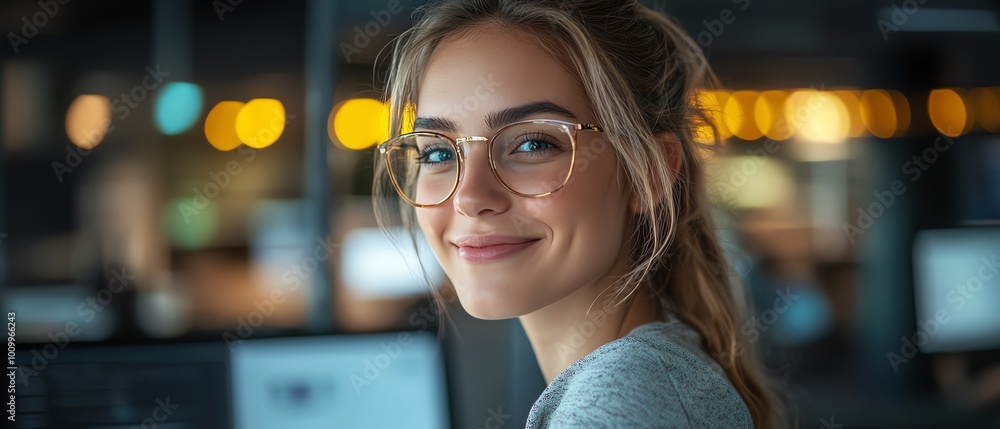 Portrait of a beautiful happy female software engineer working on a laptop, looking around the office, problemsolving, smiling confidently, professional and skilled IT specialist Portrait of a beautiful happy female software engineer working on a laptop, looking around the office, problemsolving, smiling confidently, professional and skilled IT specialist