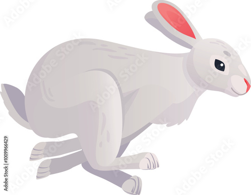 Running white hare. Winter rabbit. Cartoon animal