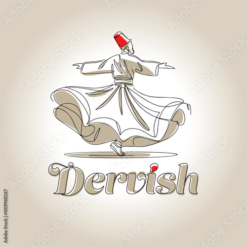 Minimalist line art illustration of a whirling dervish with traditional attire and red fez