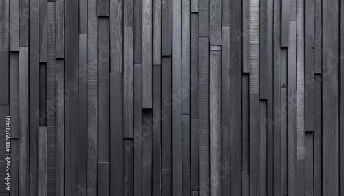 Obraz  z motywem A close-up shot of a dark wood wall with vertical slats of varying widths.