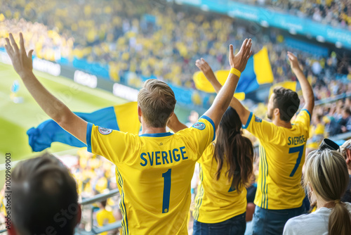 Swedish Soccer Fans Raising Arms in Unity. A photo of fans standing and raising their arms, wearing yellow 