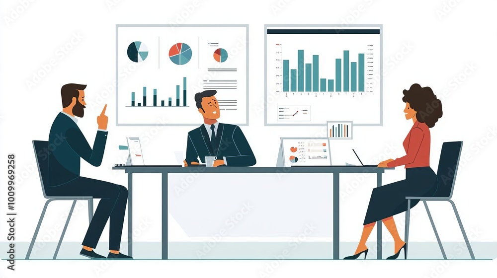 Business Consulting Strategic planning meeting, consulting experts and data charts, flat design illustration Business Consulting Strategic planning meeting, consulting experts and data charts, flat design illustration