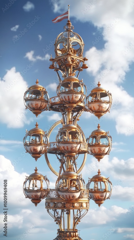 Ornate Golden Structure with Glass Spheres and a Flag Ornate Golden Structure with Glass Spheres and a Flag