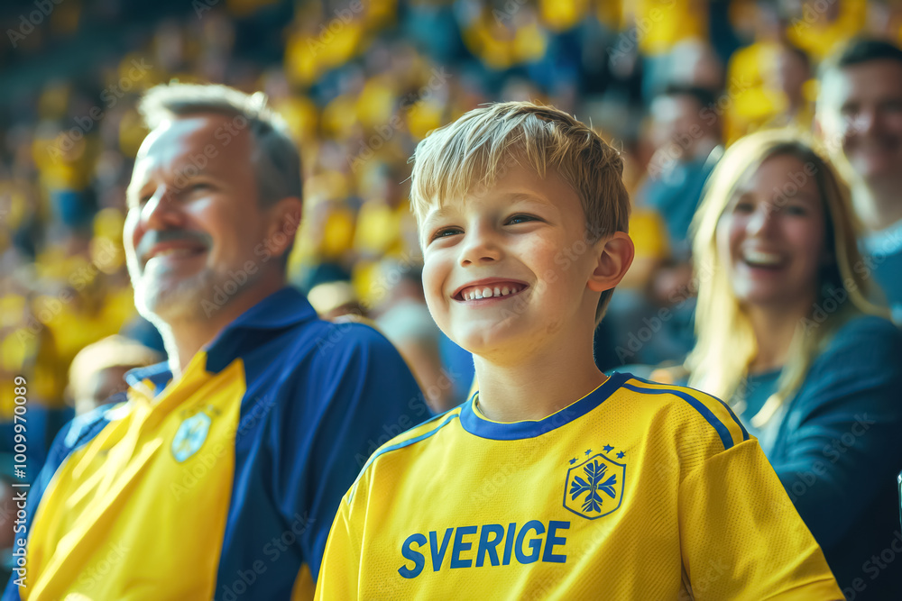 Smiling Young Swedish Soccer Fan Enjoying Game Day. A blonde Caucasian boy, smiling happily in his yellow Smiling Young Swedish Soccer Fan Enjoying Game Day. A blonde Caucasian boy, smiling happily in his yellow