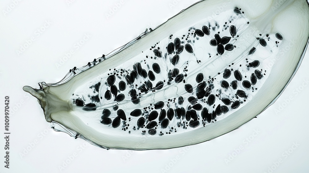 A monochrome image shows a slice of fruit with dark spots on its top and bottom surfaces A monochrome image shows a slice of fruit with dark spots on its top and bottom surfaces