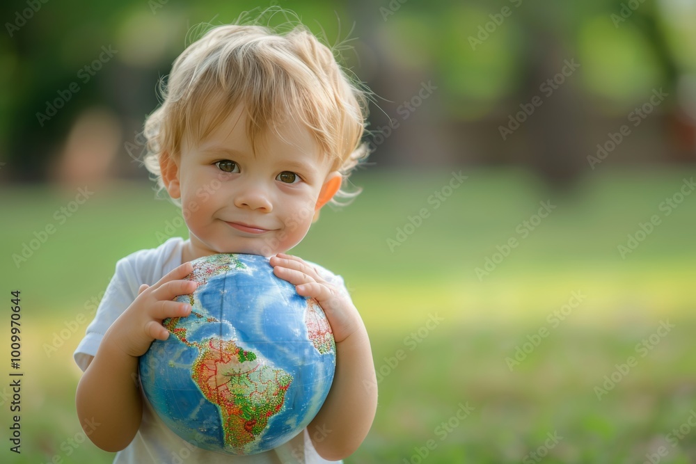 Smiling Little Boy Holding Inflatable Globe. Earth Day Concept. Child with a World in his Hands. Smiling Little Boy Holding Inflatable Globe. Earth Day Concept. Child with a World in his Hands.