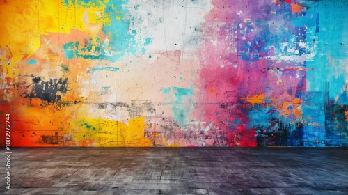 Fototapeta Naklejka Na Ścianę i Meble -  A stunning, vibrant mural featuring a myriad of abstract paint splashes in various bold and bright colors on a large wall, creating a dynamic visual experience.