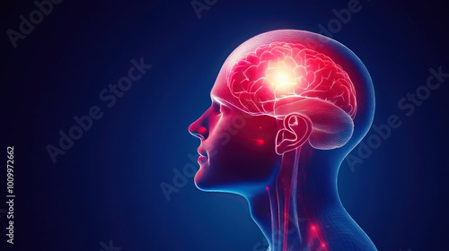 A digital illustration of a human head highlighting the brain and neural connections.