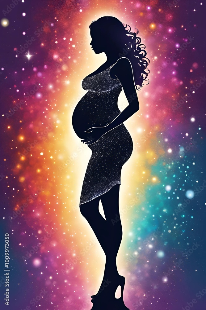 Silhouette of a Pregnant Woman Wearing Sparkle Gown and Heels with Baby Bump, Glitter Abstract Background, Motherhood Art Illustration Silhouette of a Pregnant Woman Wearing Sparkle Gown and Heels with Baby Bump, Glitter Abstract Background, Motherhood Art Illustration
