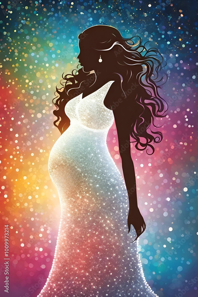 Silhouette of a Pregnant Woman Wearing Long White Sparkle Gown with Baby Bump, Glitter Abstract Background, Motherhood Art Illustration Silhouette of a Pregnant Woman Wearing Long White Sparkle Gown with Baby Bump, Glitter Abstract Background, Motherhood Art Illustration