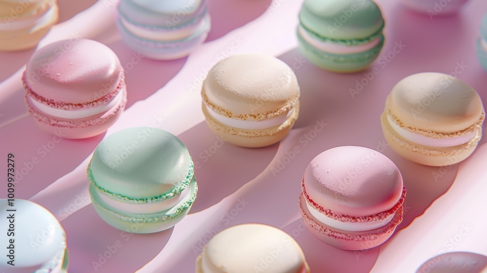 Elegant Pastel Macarons in Various Flavors Displayed on a Soft Pink Background Elegant Pastel Macarons in Various Flavors Displayed on a Soft Pink Background