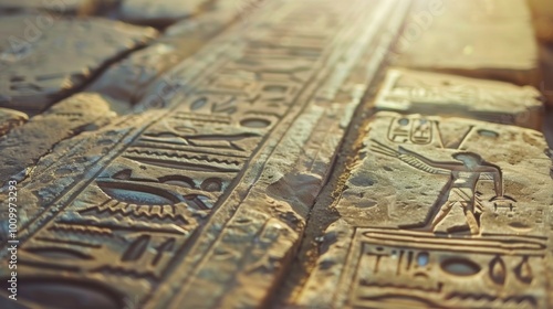 A sunlit view of stone carvings with ancient hieroglyphs, capturing the exquisite detail and artistry of historical inscriptions preserved through the ages.