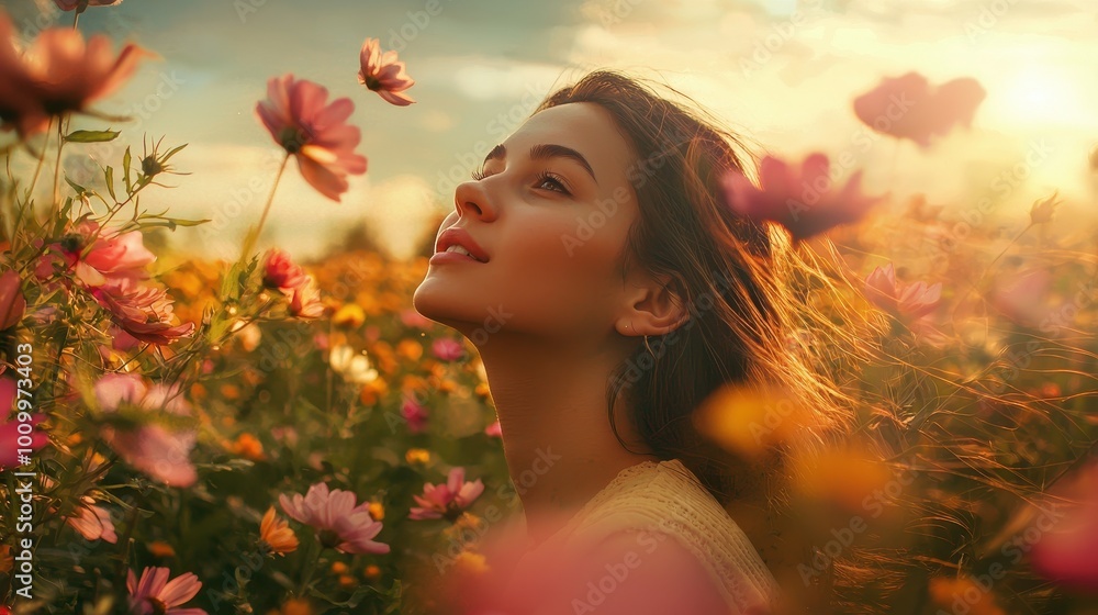 Woman in Flower Field at Sunset Woman in Flower Field at Sunset
