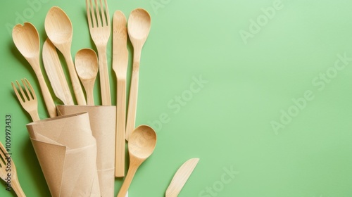 A collection of various eco-friendly bamboo utensils including forks, spoons, knives, and wrapped straws, artistically displayed on a green surface with brown wrapping paper. photo