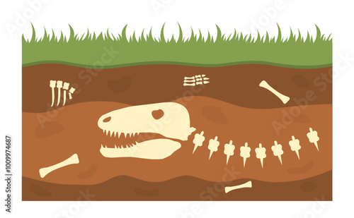 Archaeological bones underground. Dinosaur skeleton and dinosaur underground. Archeology and paleontology. Prehistoric animals. Fossil and artifact. Flat vector illustration