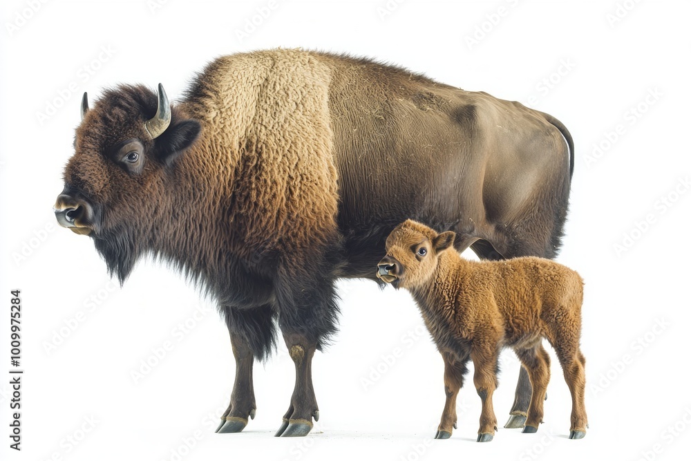 bison calf stands closely beside its mother, showcasing its soft, round body and warm fur, embodying the nurturing essence of wildlife on a blank canvas. bison calf stands closely beside its mother, showcasing its soft, round body and warm fur, embodying the nurturing essence of wildlife on a blank canvas.