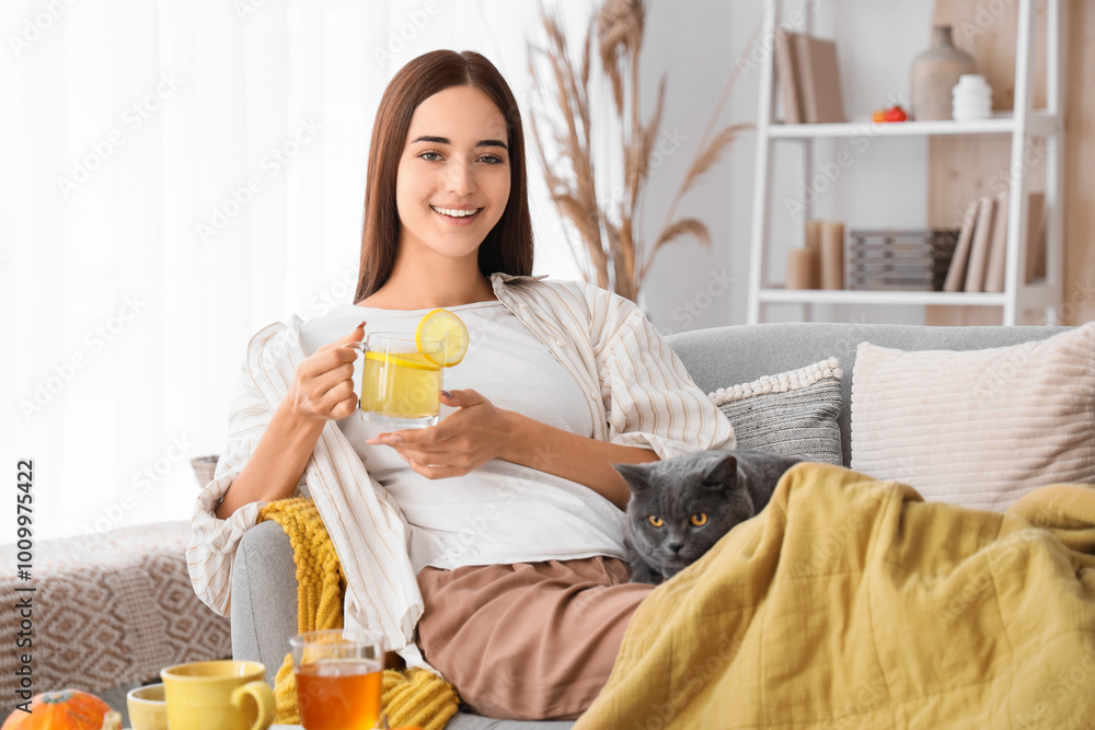 Young woman with cup of green tea and cute British cat lying at home on autumn day Young woman with cup of green tea and cute British cat lying at home on autumn day