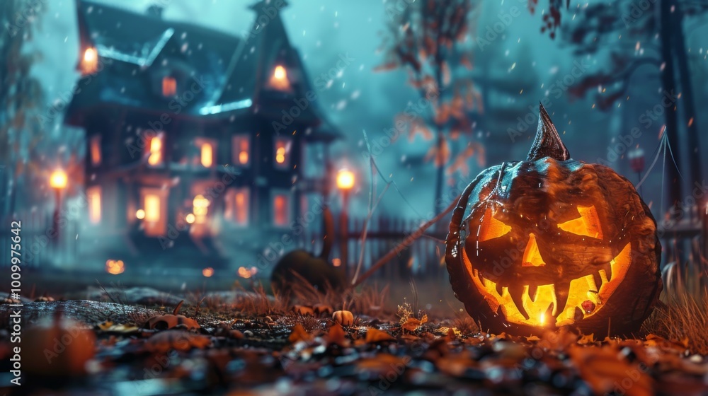 A haunted house glows eerily in the background while a carved pumpkin sits in the foreground under a moonlit, spooky Halloween night sky, filled with autumn leaves. A haunted house glows eerily in the background while a carved pumpkin sits in the foreground under a moonlit, spooky Halloween night sky, filled with autumn leaves.