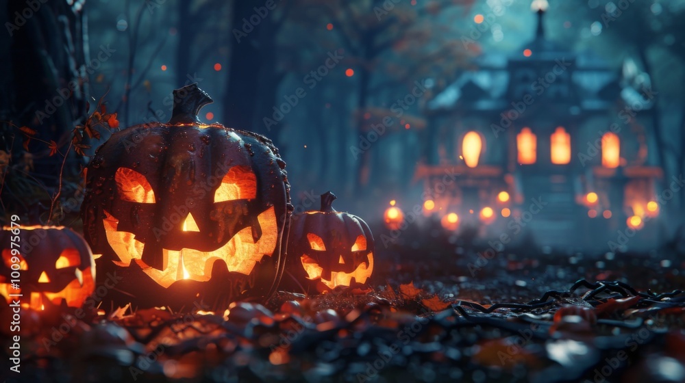Several glowing jack-o'-lanterns light up a path through a dark, eerie forest leading to a distant haunted house, creating a spooky Halloween evening atmosphere. Several glowing jack-o'-lanterns light up a path through a dark, eerie forest leading to a distant haunted house, creating a spooky Halloween evening atmosphere.