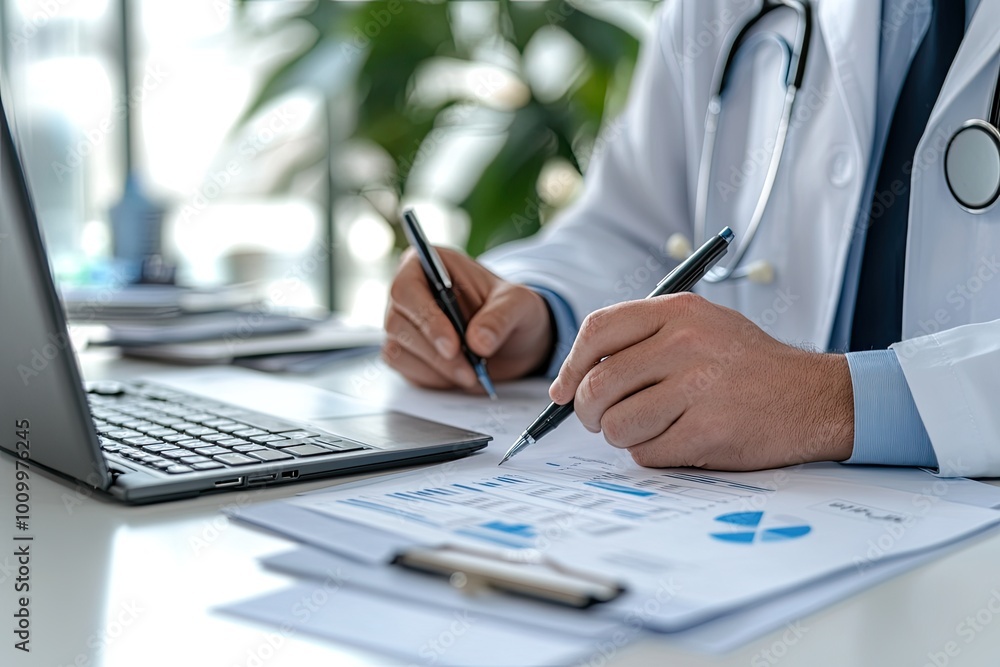 Doctor reviewing medical data. The image shows a doctor analyzing medical data on a laptop, suitable for healthcare and medical websites. Doctor reviewing medical data. The image shows a doctor analyzing medical data on a laptop, suitable for healthcare and medical websites.
