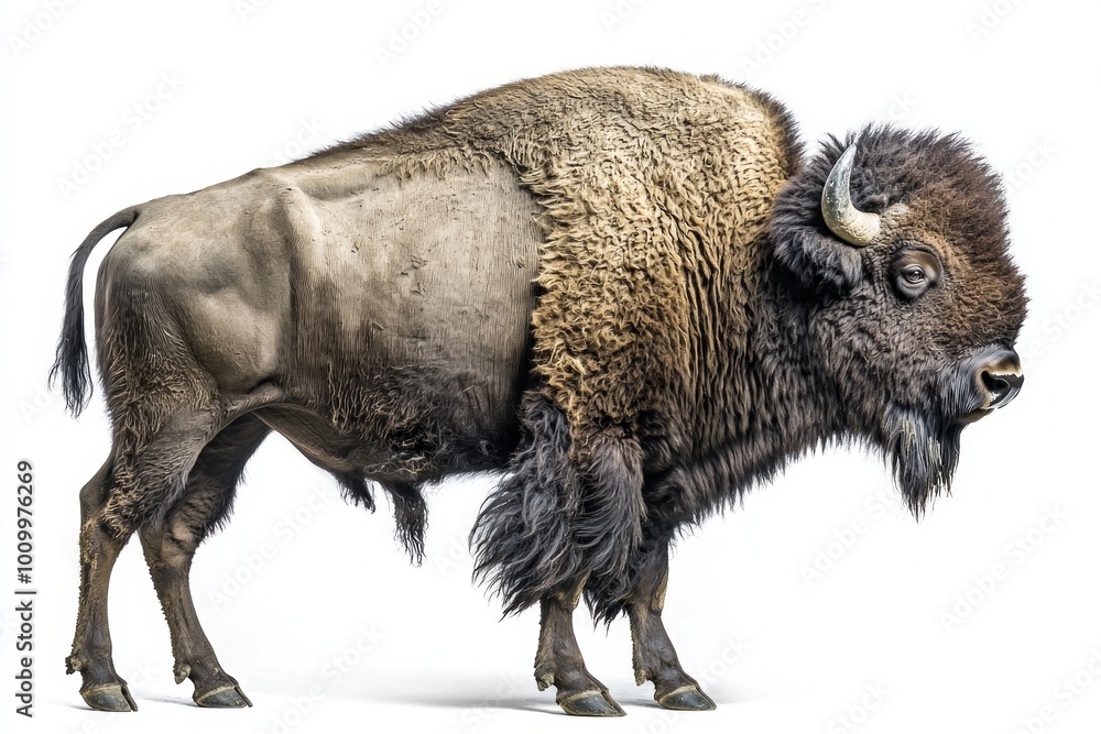 bison, with a powerful muscular frame and lush, thick fur, stands confidently with its head turned, embodying the spirit of the vast plains in a striking display. bison, with a powerful muscular frame and lush, thick fur, stands confidently with its head turned, embodying the spirit of the vast plains in a striking display.