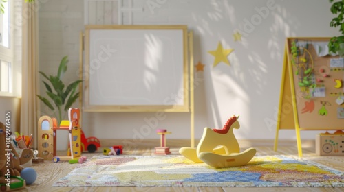 A bright and playful children's playroom filled with various colorful toys, a rocking horse, educational boards, and cheerful decorations, creating a fun and inviting atmosphere. photo