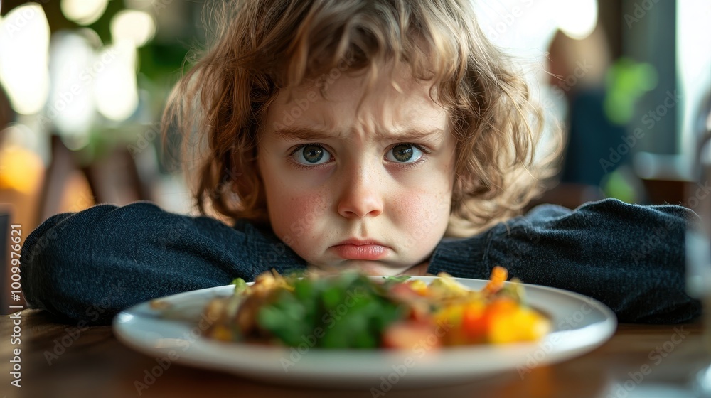 Child Looking Displeased with Food on Table Child Looking Displeased with Food on Table