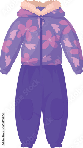 Kid winter clothes. Purple jumpsuit cartoon icon