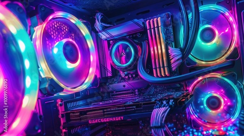 RGB-Lit Computer Interior with Cooling Fans and Motherboard