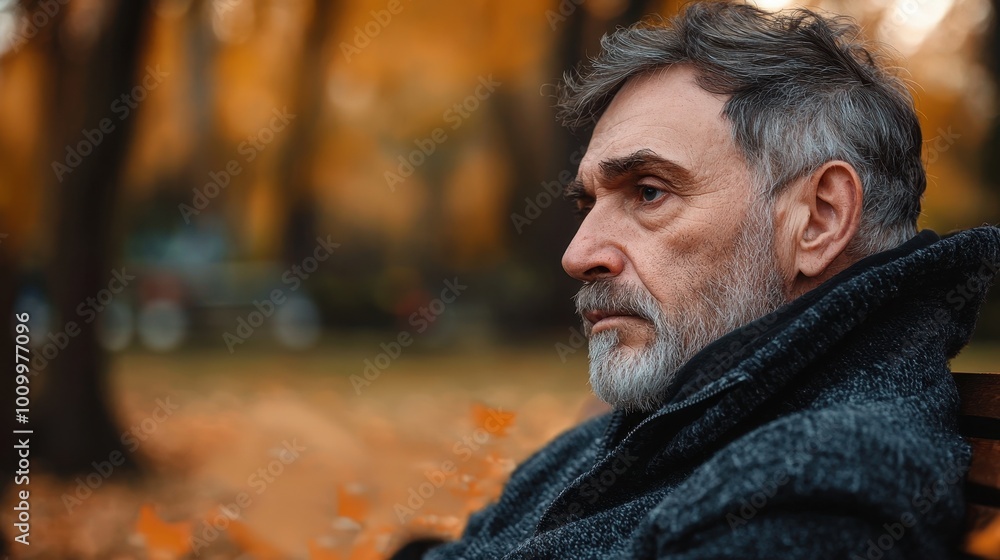 Pensive Man in Autumn Park Setting Pensive Man in Autumn Park Setting