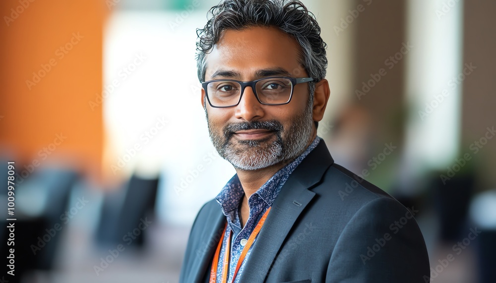 Obraz premium Portrait of Indian Speaker at Conference Coaching Specialists and Presenting Advanced AI and LLM Systems Tech Presentation