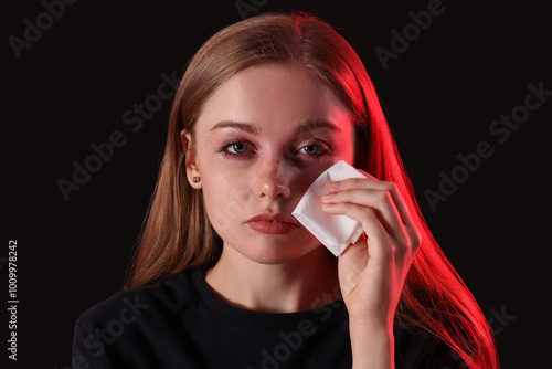 Crying young woman with tis...