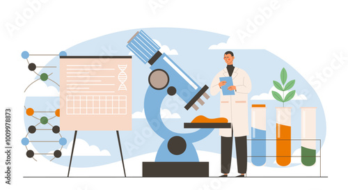 Man with biotechnology. Young guy in medical uniform with stethoscope examines reagents. Scientific technology. Experiments in laboratory. Flat vector illustration isolated on white background