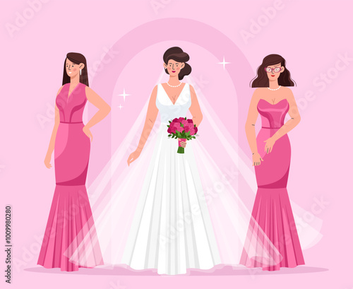 Bridesmaids with bride. Women in pink dresses near young girl with bouquet. Wedding and marriage ceremony. Newlywed and bride. Flat vector illustration isolated on pink background