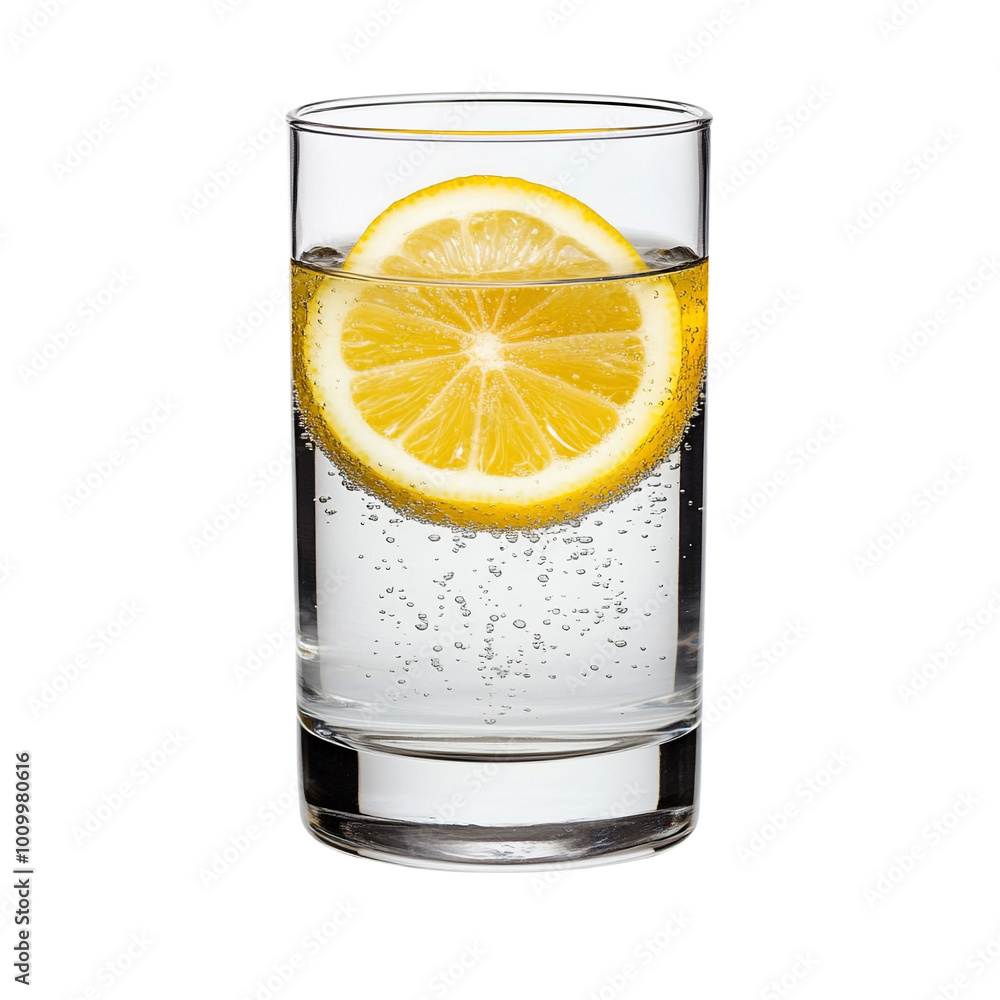 Lemon slice in clear glass of sparkling water, white isolated background. Lemon slice in clear glass of sparkling water, white isolated background.