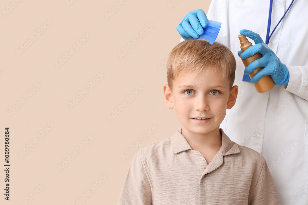 Female doctor with remedy brushing little boy's hair for pediculosis on beige background, closeup Female doctor with remedy brushing little boy's hair for pediculosis on beige background, closeup
