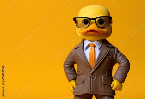 A duck wearing glasses. Close-up portrait of a duck. Anthopomorphic creature. A fictional character for advertising and marketing. Humorous character for graphic design. photo